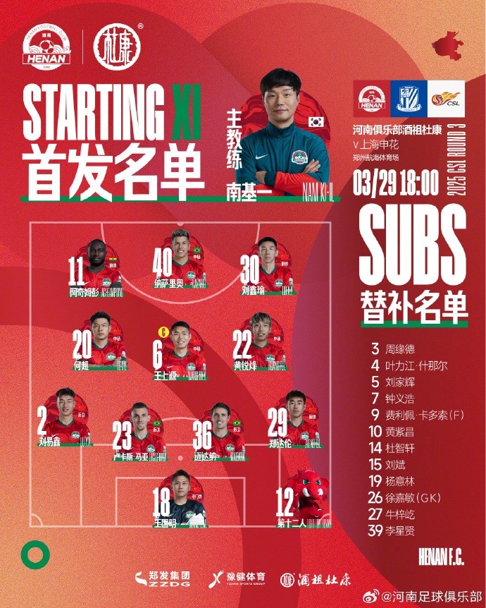 河南俱樂(lè)部酒祖杜康VS上海申花 首發(fā)及替補(bǔ)隊(duì)員名單