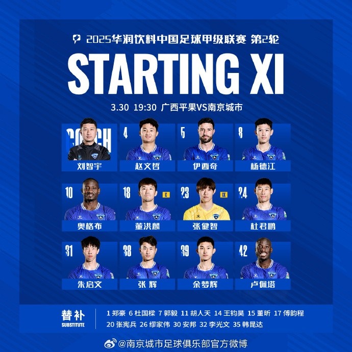 南京城市2025賽季客場(chǎng)首戰(zhàn)首發(fā)陣容！