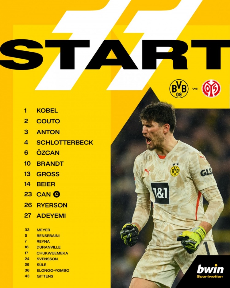 多特vs美因茨首發(fā)：阿德耶米、拜爾搭檔前鋒，布蘭特首發(fā)