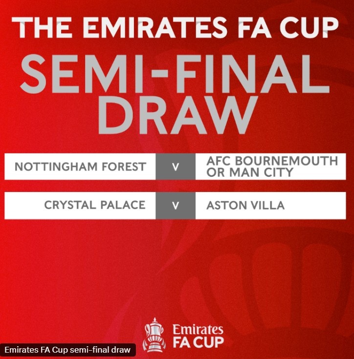 足總杯半決賽抽簽結(jié)果：曼城&伯恩茅斯勝者對森林，水晶宮vs維拉