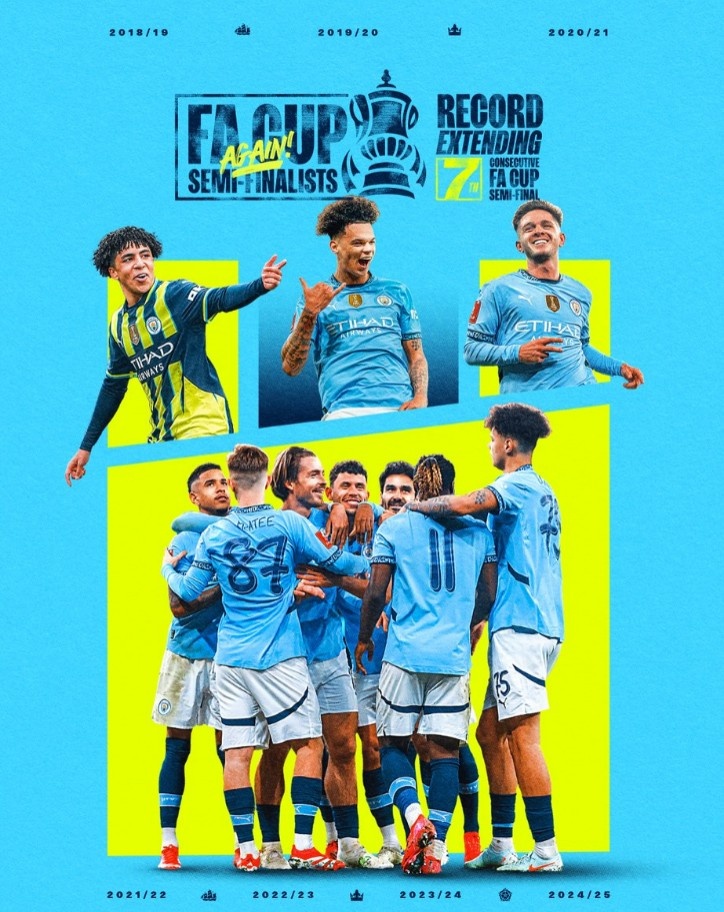 曼城連續(xù)7年晉級足總杯半決賽，創(chuàng)賽事歷史紀錄